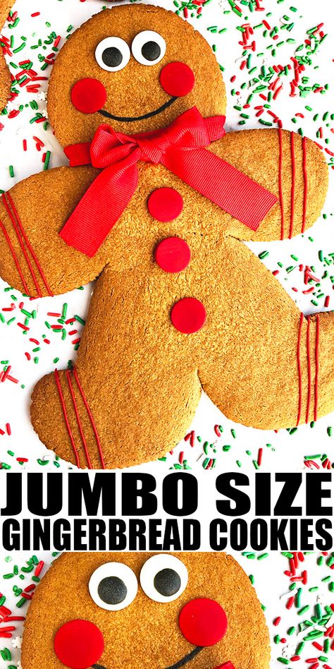 JUMBO GINGERBREAD MEN COOKIES RECIPE- Easy giant sized gingerbread cookies, homemade with simple ingredients and spice cake mix. Perfect cut out cookies for Christmas holidays! Firm on the outside, soft and chewy on the inside. These holiday cookies are so fun to decorate with kids at Christmas parties. From CakeWhiz.com #cookies #christmas #gingerbread #dessert #cakemix Easy Gingerbread Men, Gingerbread Man Cookie Recipe, Gingerbread Dessert, Gingerbread Man Recipe, Gingerbread Men Cookies, Cookies For Christmas, Chewy Gingerbread Cookies, Easy Gingerbread, Delicious Christmas Desserts