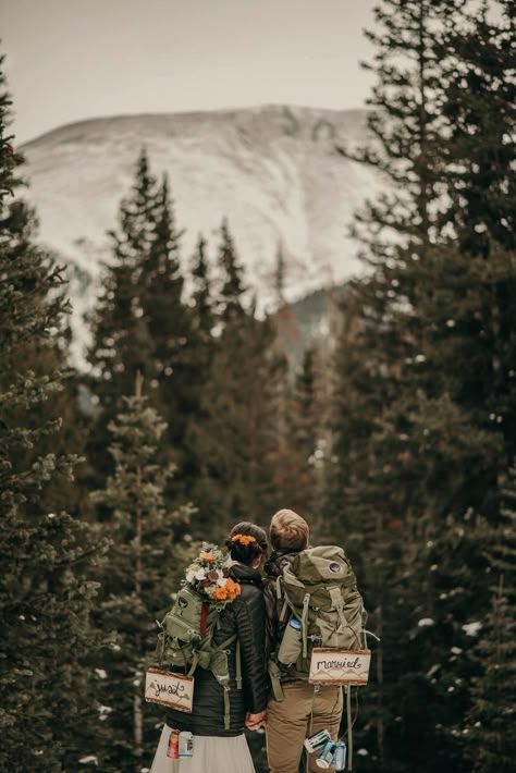 Backpacking Wedding, Trekking Couple, Wilderness Elopement, Alaskan Wedding, Hiking Wedding, Adventure Wedding Photography, Just Married Sign, Colorado Wedding Elopement, Hiking Elopement