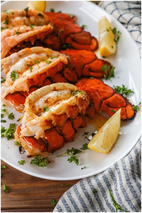 Broiled Lobster Tail recipe Broiled Lobster Tail, Spicy Lobster, Lobster Tail Recipe, Frozen Lobster Tails, Broil Lobster Tail, Green Beans With Almonds, Frozen Lobster, Lobster Recipes Tail, Seafood Bake