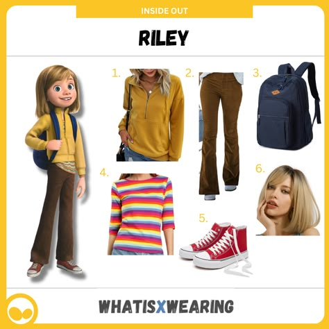 Are you the kind of person who wears their emotions on their sleeve? Then dress like Riley, the lead character from Disney's Inside Out with our easy costume guide! Riley Inside Out Costume Ideas, Book Day Characters Costumes, Dressing Up As Inside Out Characters, Disney Costume Ideas Diy, Easy Inside Out Costumes, Inside Out 2 Themed Outfits, Riley Inside Out Costume, Inside Out 2 Halloween Costume, Inside Out 2 Costume