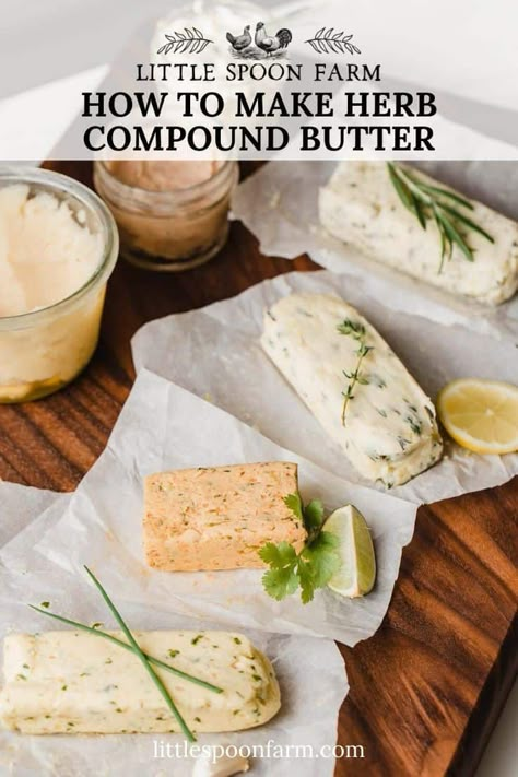 Learn how to make an easy herb butter for things like steak, chicken, garlic bread, corn, salmon, turkey and more! This post include 5 different variations of savory compound butter that is super simple to make. Combinations include garlic, rosemary, thyme, lemon and chives. Compound Butter Recipes, Flavored Butter Recipes, Butter Recipes Homemade, Compound Butters, Compound Butter Recipe, Herb Butter Recipe, Tomato Butter, Infused Butter, Garlic Herb Butter