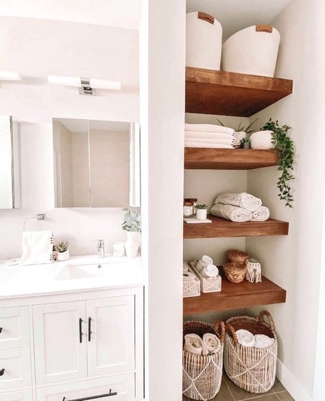 HomeGoods on Instagram: “Tidy shelves, happy selves ✨ (📸: @megthedestroyer)” Walnut Floating Shelf, House Addition, Open Bathroom, Street Aesthetic, Spa Bathroom, Floating Shelves Bathroom, Downstairs Bathroom, Upstairs Bathrooms, Bathroom Renos