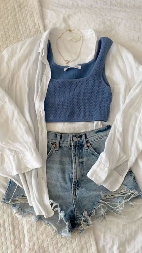 Cute Idea For Summer Outfit Trendy Washed Blue Shorts, Modest Summer Outfits Shorts, Washed Blue Summer Streetwear Top, Spring Streetwear Denim Blue Shorts, Blue Summer Cargo Shorts, Blue Cotton Mini Skirt With Floral Print, Summer Modest Outfits, Dress Code Outfits, Maroon Leather Jacket