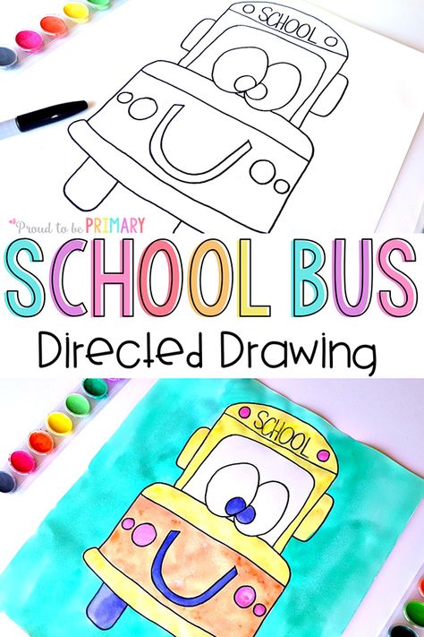 Students will enjoy creating this back-to-school bus directed drawing art activity! Direct Drawing, Elementary Crafts, School Bus Drawing, Art Activity For Kids, Bus Drawing, First Grade Art, Diy Step, Back To School Art, Diy Step By Step