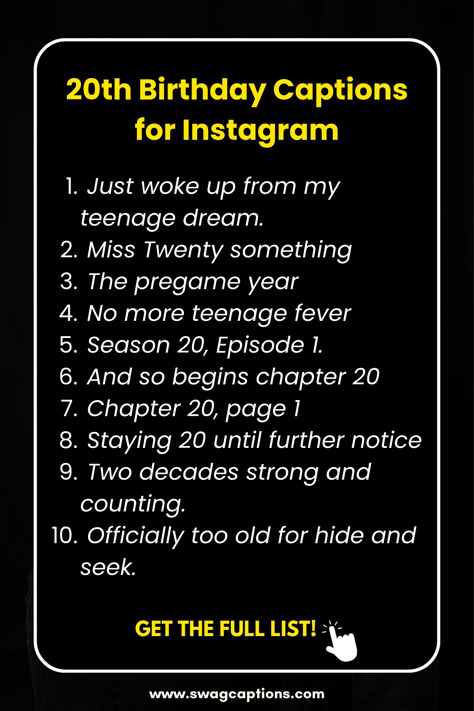 Unlock the perfect vibe for your 20th birthday bash with these trendy Instagram captions! Explore 20th Birthday Captions for Instagram that radiate youthful joy and make your celebration unforgettable. Birthday Profile Caption, 20th Birthday Quotes Instagram, 20 Yrs Old Birthday Caption, My 20th Birthday Captions, My 20th Birthday Quotes, 20 Years Birthday Caption, Funny 20th Birthday Captions, 20th Birthday Celebration Ideas, 20s Birthday Caption