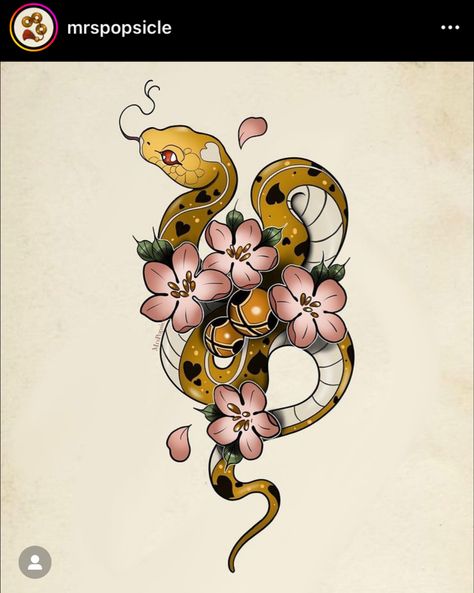 Snake And Flowers Tattoo, Snake And Flowers, Traditional Snake Tattoo, Art Deco Tattoo, Abstract Tattoo Ideas, Snake Painting, Traditional Tattoo Flowers, Traditional Tattoo Designs, Neotraditional Tattoo