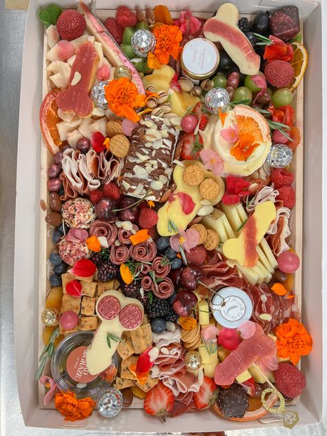 Spicy charcuterie board; bright and fun bachelorette cheese board; hot pink and orange; gold and silver; party Bachelorette Cheese Board, Charcuterie Board Bachelorette Party, Disco Charcuterie Board, Bachelorette Party Charcuterie Board, Bachelorette Charcuterie, Bachelorette Charcuterie Board, Pink And Orange Bachelorette Party, Bachelorette Food, Bach Gift