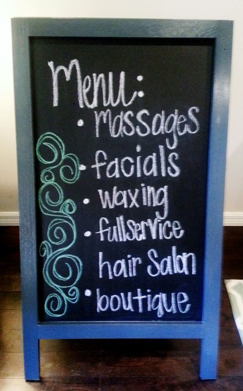 Spa Menu for The Lotus Downtown Spa Chalkboard Signs, Salon Chalkboard Ideas, Diy Spa Party, Spring Chalkboard Art, Trendy Pedicure, Salon Board, Spring Chalkboard, Ideas Pedicure, Hair Ads