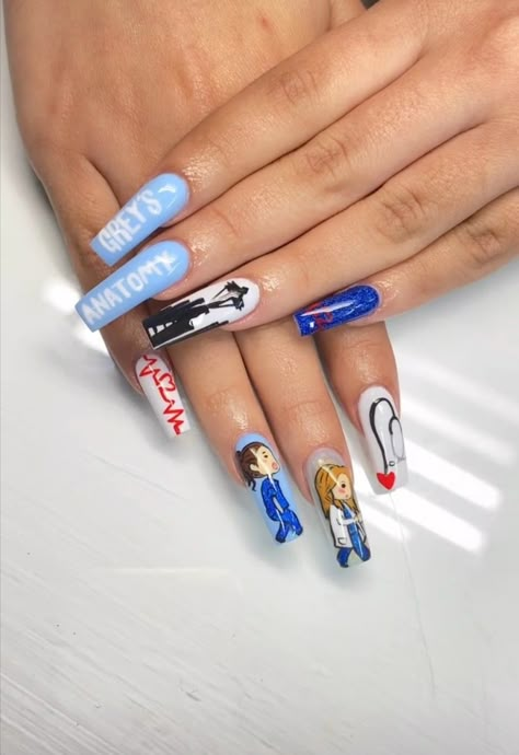 Greys Anatomy Nails, Anatomy Nails, Movie Nails, Grey Nail Designs, Acrylic Nails Coffin Pink, Station 19, Bling Acrylic Nails, Short Acrylic, Acrylic Nails Coffin