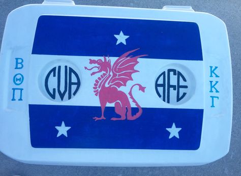 Painted cooler for Beta Theta Pi, with monograms and Greek letters Beta Theta Pi Cooler, Beta Cooler, Beta Theta Pi, Fraternity Coolers, Formal Cooler, Frat Coolers, Cooler Painting, Greek Letters, Fraternity