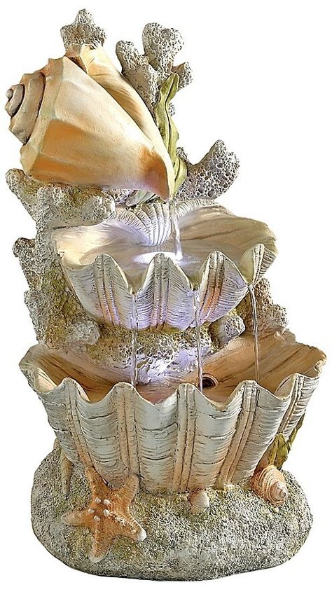 Shell Fountain, Coastal Garden, Cheap Apartment Decorating, Decor Logo, Water Fountains Outdoor, Shell Crafts Diy, Coastal Gardens, Outdoor Fountain, Quirky Home Decor