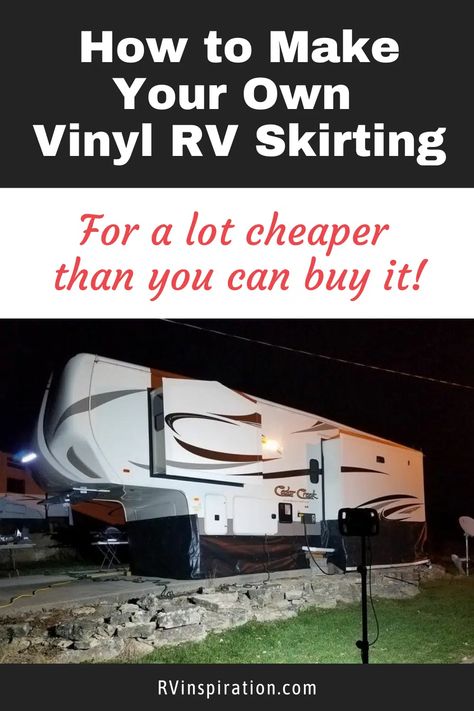 How to make DIY RV skirting out of billboard tarp vinyl to stay warm inside protect your RV plumbing from freezing in cold weather | RVinspiration.com Camper Storage Ideas Travel Trailers, Rv Plumbing, Camper Organization Rv Living, Rv Skirting, Rv Winterizing, Diy Insulation, Rv Inspiration, Homemade Camper, Rv Dreams