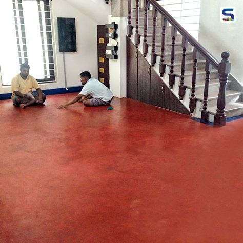 Vitrified Tile Flooring | Red Oxide Flooring: The Things You Should Know Red Oxide Flooring, Red Floor Tiles, Oxide Flooring, Floor Tile Paint, House Pillar Design, Red Tile Floor, Wood Floor Stain Colors, Tile Paint, India House