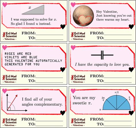 Nerdy Math and Science Valentines by Evil Mad Scientist Math Valentines Pun, Science Valentines Cards, Math Valentines Cards, Nerdy Valentines Cards, Nerd Valentine, Mad Doctor, Evil Mad Scientist, Free Valentine Cards, Math Club