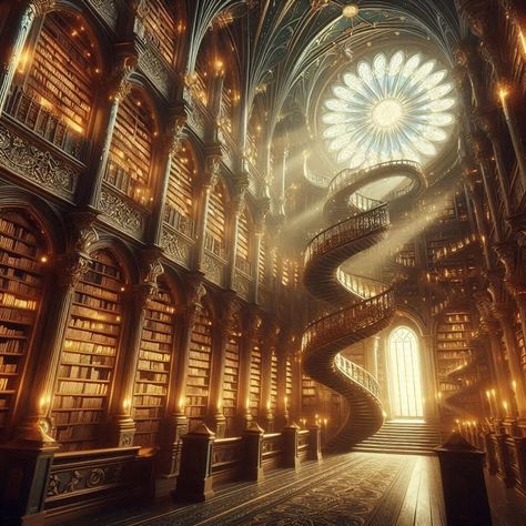 An ancient library with shelves full of magical books, an endless spiral staircase, and golden light pouring out of the tall windows. #artificialintelligence #library #ilustration Golden Library, Magical Books, Ancient Library, Tall Windows, Magical Book, Golden Light, Spiral Staircase, Golden Lights, Universe