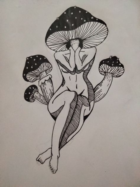 Tattoo Mushroom Lady, Mushroom Lady Tattoo Design, Mushroom Lady Drawing, Mushroom Lady Art, Psychadelic Tattoo, Mushroom Lady Tattoo, Mushroom Lady, Halloween Wallpaper Cute, Psychadelic Art