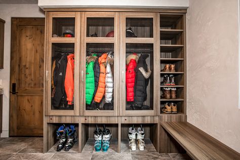 Custom build ski lockers with boot dryers. Whitefish, Montana #mountainhome #skilockers #bootdryers #mudroom #montanahome Ski Mud Room, Cabin Mud Room, Custom Home Features, Outdoor Gear Storage, Ski House Decor, Ski Locker, Gear Room, Ski Room, Chalet Design