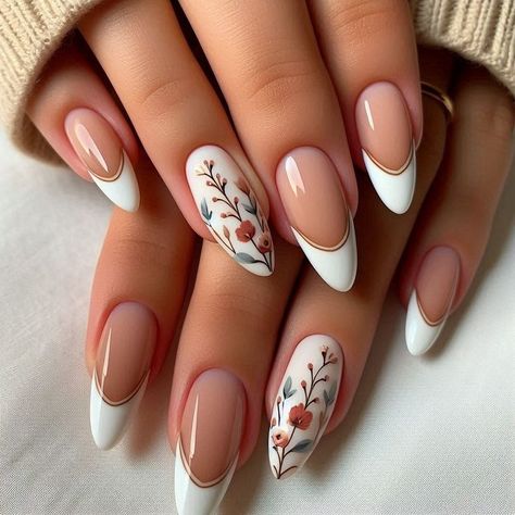 #BEAUTY, #RELATIONSHIPS #Fashion #Animals #Outfits #Winter Outfits #Animal Simple Bridesmaid Nail Ideas, Acrylic Nail French Tip With Design, Woodsy Nail Designs, Subtle Floral Nails, Elegant Floral Nails, Fall Nails Floral, French Tips With Nail Art, Boho French Tip Nails, Sophisticated Nail Art