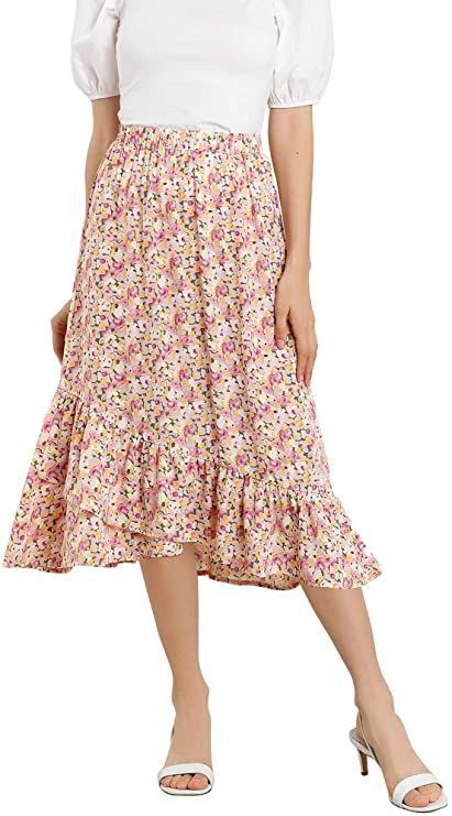 Allegra K Women's Floral Fall Elastic Waist Ruffle High Low Hem Vintage Skirt Medium Pink at Amazon Women’s Clothing store Feminine Floral Print Tiered Skirt, Pink Asymmetrical Skirt With Floral Print, Casual Midi-length Skirt With Floral Print, Relaxed Pink Floral Print Skirt, Floral Skirt Summer, Beach-ready Floral Print Midi Skirt, Sweetheart Neck Dresses, Perfect Fall Outfit, Spring Skirts