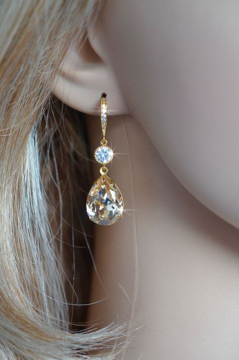 Handmade Champagne Swarovski Light Silk Pear Crystal Dangle Earrings, Bridal, Wedding (Sparkle-2967) Mehndi Designs Front Hand, Light Silk, Sparkle Wedding, Crystal Dangle Earrings, Loop Earrings, Rhinestone Necklace, Mehndi Designs, Diy Beauty, Bridal Earrings