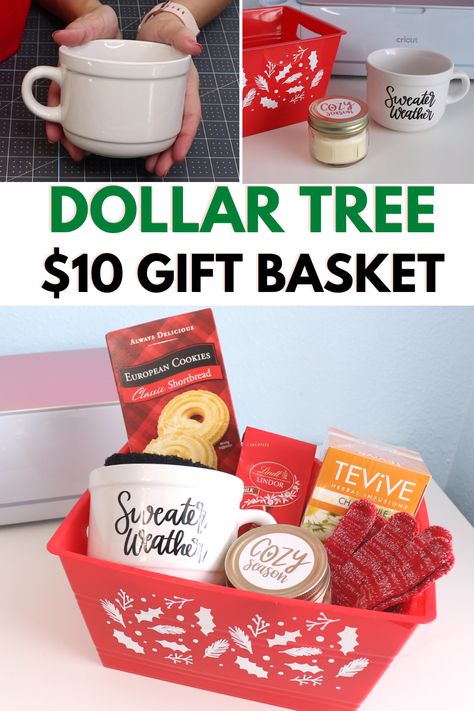 Create an inexpensive and cozy gift basket using items from Dollar Tree and Cricut vinyl Easy Cheap Gift Baskets Diy Christmas, Family Basket Gift Ideas Christmas, Diy Cozy Gift Basket, Dollar Tree Housewarming Gift Ideas, Christmas Gift Baskets Dollar Tree, Inexpensive Christmas Gift Baskets, Diy Dollar Tree Gift Baskets, Small Christmas Gift Basket Ideas, Diy Dollar Tree Basket Ideas