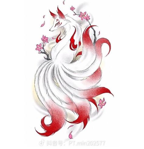 Norse Fox Tattoo, Zenko Kitsune Tattoo, Spirit Fox Tattoo, Traditional Kitsune Tattoo, Ninetail Fox Tattoo, 9 Tailed Fox Drawing, Ninetales Tattoo, Nine Tailed Fox Drawing, Gumiho Tattoo