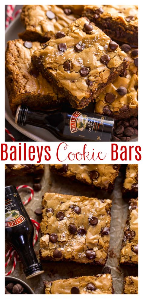 Bailey's Irish Cream Chocolate Chip Cookie Bars - Baker by Nature Baileys Food Recipes, Baileys Irish Cream Chocolate Chip Cookies Recipe, Baileys Banana Bread, Easy Baileys Dessert, Baileys On Ice, Bailey’s Irish Cream Chocolate Chip Cookies, Baileys Irish Cream Choc Chip Cookies, Cookies With Baileys Irish Cream, Cooking With Baileys Irish Cream