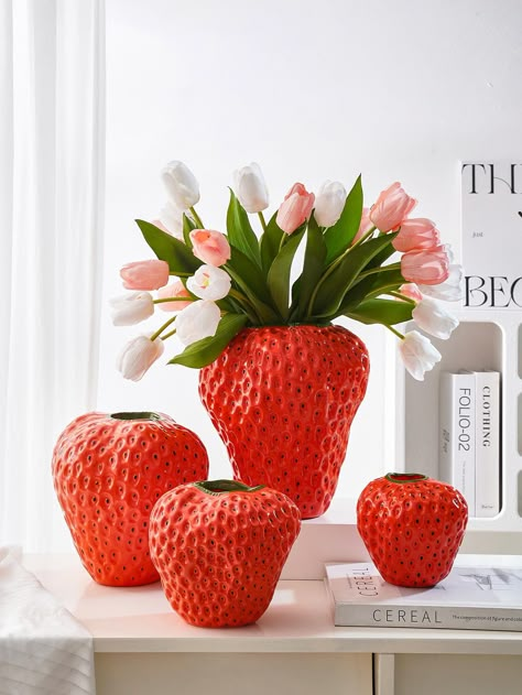 1pc Strawberry Design Flower Vase, Red ABS Cute Decorative Vase For Home DecorI discovered amazing products on SHEIN.com, come check them out! Cute Vase Designs, Unique Vases For Flowers, Fun Vases, Fake Flowers Decor, Vase Project, Strawberry Decor, Ceramics Vase, Cheap Vases, Strawberry Shortcake Birthday