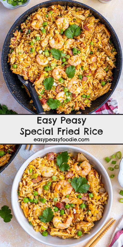 Love the Special Fried Rice you get from the Chinese takeaway? Well now you can make your own at home with my easy peasy recipe! Ready in under 20 minutes, it’s perfect for those busy weeknights. It’s also a great way to clear out your fridge and use up leftovers! #specialfriedrice #friedrice #chinesefakeaway #fakeaway #onepot #onepotdinner #under30minutes #easymidweekmeals #easymeals #midweekmeals #easyrecipes #easydinners #dinnertonight #dinnertonite #familydinners #familyfood #easypeasyfoodie Chinese Fakeaway, Special Fried Rice, Chinese Takeaway, Easy Peasy Recipes, Easy Rice, One Pot Dinner, Midweek Meals, Lunch Box Recipes, Yum Yum Chicken