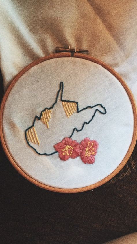 West virginia state outline and rhododendron flowers drawn on the bottom right. Virginia Embroidery, West Virginia, Virginia, Embroidery, Quick Saves