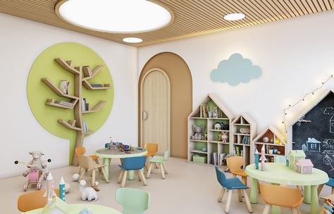 Image may contain: indoor, table and chair Bloxburg Daycare, Kindergarten Interior Design, Daycare Design Ideas, Kindergarten Decor, Rocking Bed, Education Design Interior, Children Playroom, Daycare Rooms, Educational Architecture