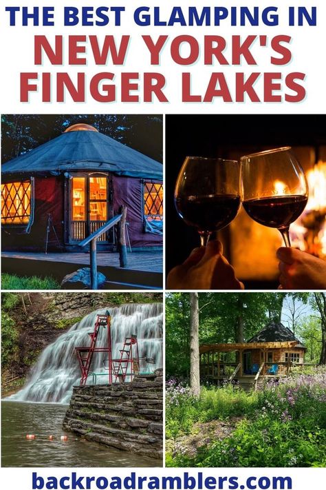 A collage of photos featuring glamping in the Finger Lakes. The Finger Lakes, Getaway Cabins, Finger Lakes, Camping Glamping, Best Vacations, Us Travel, Glamping, Vermont, Vacation Rentals