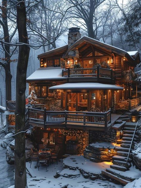 Fancy Log Cabin, Winter Cabin Exterior, Log Cabin Aesthetic, Winter Log Cabin, Log Cabin Mansions, Big Cabin, Log Cabin Exterior, Cozy Lodge, Cabin Exterior