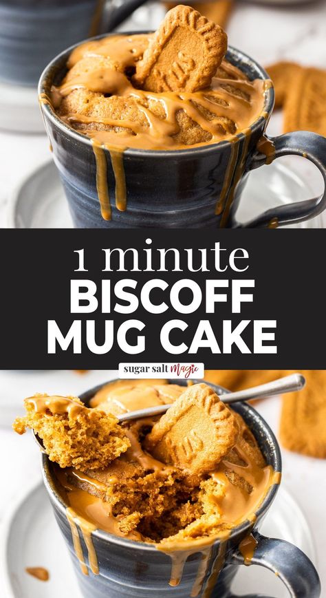 This Biscoff mug cake is the perfect indulgent treat for one and only takes 5 minutes in the kitchen. This perfect soft and fluffy mug cake is filled with Biscoff spread, tastes amazing is so easy. Made with Lotus Biscoff cookie butter it tastes incredibly and has the perfect fluffy cake texture. You can even split it into 2 smaller ramekins and share with a loved one. So quick and easy to make. Loaded with Biscoff flavour. So super soft and fluffy. Simple ingredients. Savory Mug Recipes, Recipes With Biscoff Spread, Biscoff Breakfast, Biscoff Pudding, Biscoff Mug Cake, Jar Cakes, Cake Texture, Biscoff Recipes, Biscoff Cake