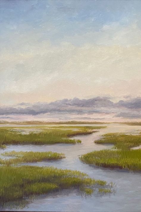 Painting called High tide on the marsh - a marsh scene in late afternoon low light. Greens, blues, and subtle violet colors. Oil Color Painting Nature, Marsh Painting South Carolina, Low Country Paintings, Salt Marsh Painting, Coastal Acrylic Paintings, Low Country Aesthetic, Costal Landscapes, Low Country Art, Kitchen Painting Art