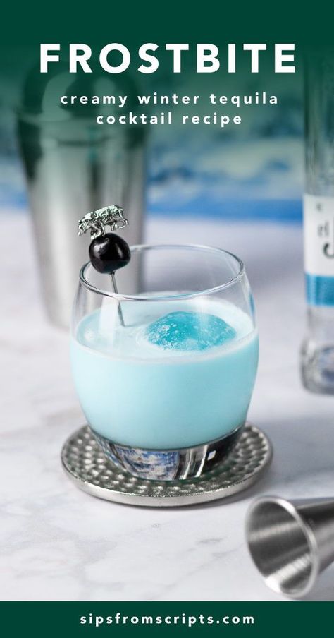 Snow Day Drinks Alcohol, Frostbite Cocktail, Frostbite Drink, Snow Themed Cocktails, Yule Drink Recipes, Blue Winter Drinks, January Alcoholic Drinks, Elf Inspired Cocktail, Christmas Bar Drinks