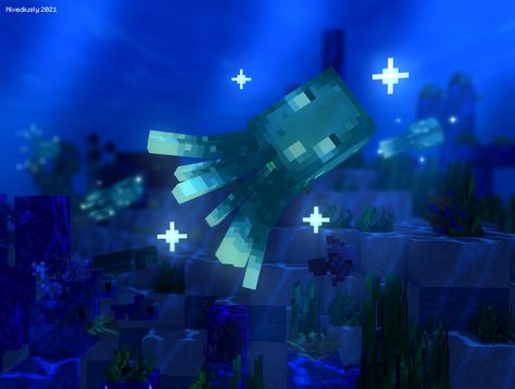 Minecraft Glow Squid, Glow Squid, Blue Minecraft, Rp Aesthetic, Minecraft Dungeons, Haircut Inspo, Minecraft Inspo, Minecraft Art, Animation Background