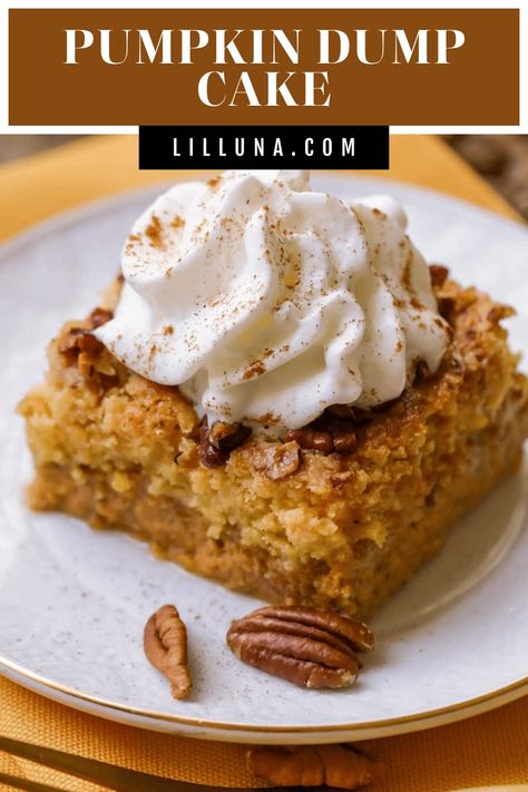 Simple and delicious pumpkin dump cake preps in minutes. With so many spices and sweet flavors, it's perfect all fall long! #pumpkindumpcake #pumpkincake #dumpcake #pumpkindessert #pumpkin #cake #dessert Cake Poster, Pumpkin Dump Cake Recipe, Pumpkin Dump, Pumpkin Pie Cake, Fun Thanksgiving Desserts, Dump Cake Pumpkin, Pumpkin Dishes, Pumpkin Pie Mix, Easy Pumpkin Pie