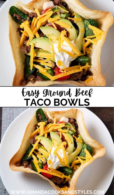 Beef Taco Salad Bowls - Amanda Cooks & Styles Beef Taco Salad, Easy Instant Pot Meals, Oven Baked Tacos, Taco Salad Bowls, Ground Beef Taco, Spinach Avocado, Taco Bowl, Taco Salads, Beef Taco