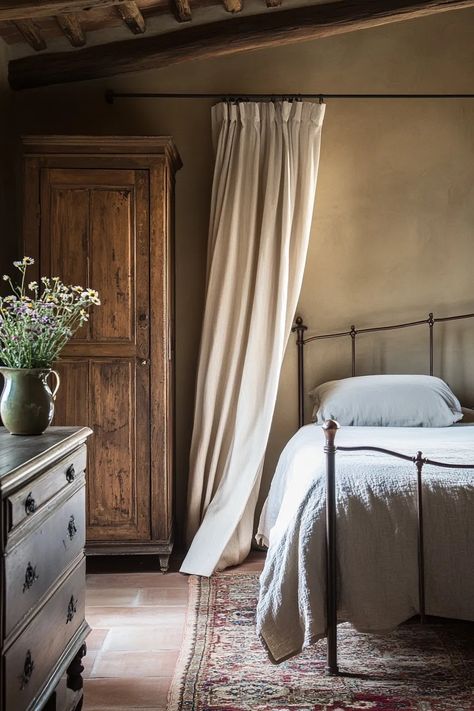 Italian Country Home Interiors, Italian Country Home Exterior, Italian Farmhouse Bedroom, Iron Bed Frames, Italian Country Home, Terracotta Walls, Farmhouse Cozy, Country Home Exterior, Wrought Iron Bed Frames