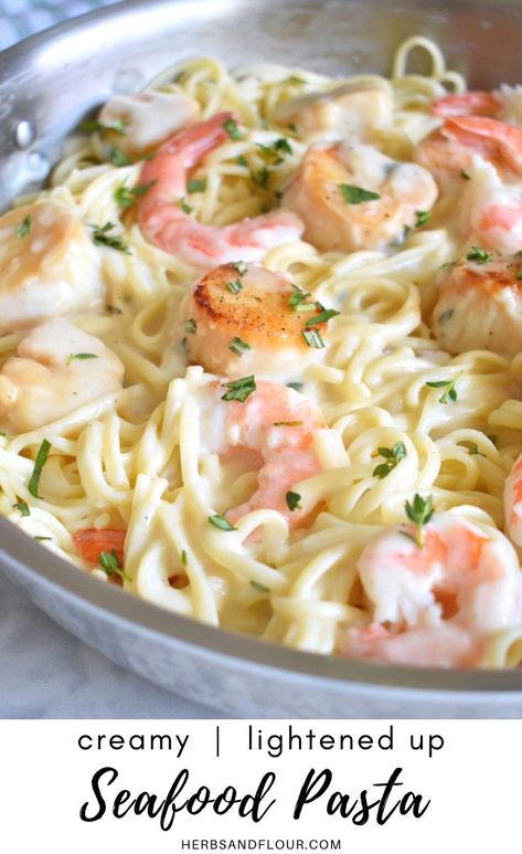 This rich, creamy seafood pasta dish is made lighter using milk instead of heavy cream! It’s flavorful, comforting and easy to make in just 30 minutes! This seafood pasta dish is easy enough for weeknight meals yet elegant enough for date nights, Valentine's Day and anniversaries! Seafood Pasta Bake, Creamy Seafood Pasta, Seafood Pasta Dishes, Seafood Linguine, Creamy Seafood, Seafood Pasta Recipes, Best Seafood Recipes, Easy Seafood, Seafood Pasta