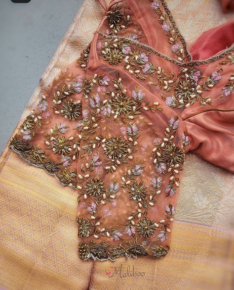 Aari Work On Netted Blouse, Neted Blouse Aari Work, Net Aari Work Blouse Designs, Net Aari Work Blouse, Net Embroidery Blouse, Netted Blouse Designs, Net Blouse, New Saree Blouse Designs, Wedding Saree Blouse Designs