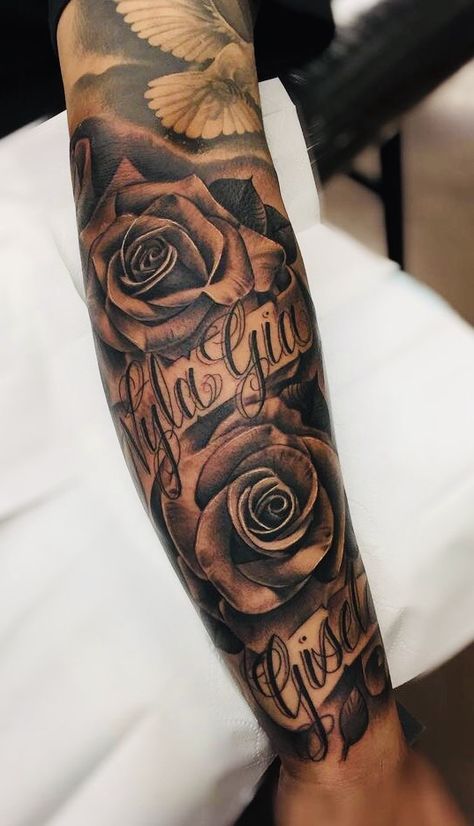 Men’s Tattoos For Daughter, Daughters Name Tattoo For Men Forearm, Kids Names Tattoos For Dads, Kids Name Tattoos For Men, Baby Tattoo For Dads, Tree Tattoo Arm Sleeve, Family Sleeve Tattoo, Forearm Name Tattoos, Rose Tattoo With Name