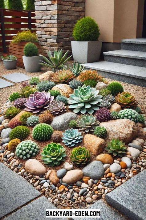 🌵 Succulent Rock Garden Layout Ideas 🌵 Transform your outdoor space with these 10 gorgeous succulent rock garden layout ideas! 🌿 Discover creative ways to arrange succulents and rocks for a stunning, low-maintenance garden. Learn about the best plant combinations, rock placements, and layout designs to create a unique and beautiful landscape. Perfect for all skill levels, these ideas will help you craft a serene and stylish garden retreat! 🌞✨ Gravel Succulent Garden, Rock Garden Design Ideas Landscaping, Raised Succulent Garden Bed, Succulent Arrangements Outdoor, Succulent Rock Garden, Succulent Garden Landscape, Modern Water Feature, Succulent Landscape Design, Garden Layout Ideas