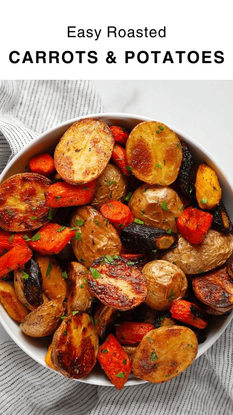 Seasoned with a blend of dried spices, roasted potatoes and carrots are side dish simple enough for a weeknight dinner yet worthy of a holiday meal. Minimal prep is needed before they roast on the same sheet pan in the oven. The potatoes turn out perfectly browned and crisp on the outside while the carrots roast until they become tender. Potato And Carrots In Oven, Best Roasted Potatoes, Carrots In Oven, Vegetarian Side Dish Recipes, Potato Side Dishes Easy, Easy Roasted Potatoes, Dried Spices, Roasted Potatoes And Carrots, Autumn Recipes Vegetarian