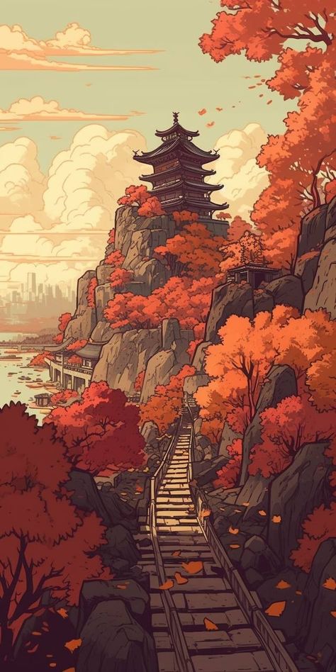 Japon Illustration, Anime Backgrounds Wallpapers, Cool Wallpapers Art, Fantasy Art Landscapes, Landscape Illustration, Dreamy Art, Pretty Wallpapers Backgrounds, Anime Scenery Wallpaper, Fall Wallpaper