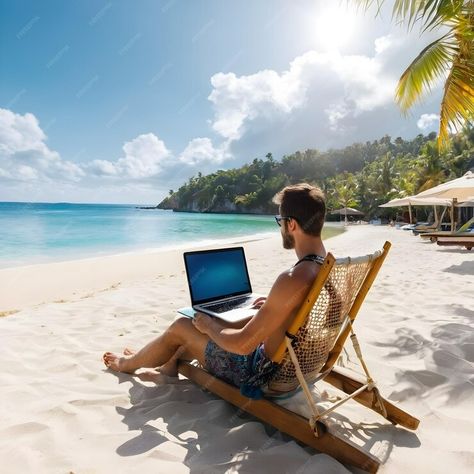 Premium AI Image | A digital nomad sitting on a picturesque beach with a laptop in hand working away The warm sand is Waves Photos, Branding Shoot, Laptop Lifestyle, Home Office Setup, Beach Photoshoot, Digital Nomad, Beach Scenes, Beach Waves, Premium Photo