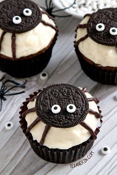 Easy to make spider cupcakes for Halloween with a pumpkin cupcake base and cream cheese frosting! With grain-free, gluten-free, whole grain and all-purpose flour options. Please click through to the recipe to see all the dietary-friendly options. Spider Cupcakes Halloween, Halloween Food Cupcakes, Spider Cupcakes, Dessert Halloween, Halloween Party Snacks, Halloween Treats For Kids, Halloween Food Treats, Halloween Cupcake, Halloween Treats Easy