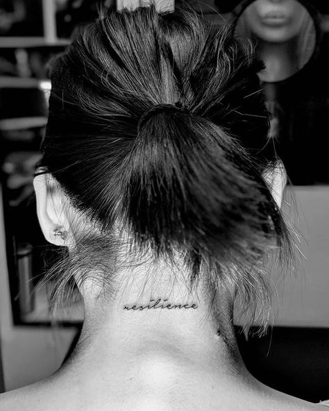 Resilience Behind The Neck Tattoos, Word Neck Tattoos, Side Piece Tattoos, Back Of Neck Tattoos For Women, Back Ear Tattoo, Resilience Tattoo, Tattoo Placement Arm, Side Neck Tattoo, Cursive Tattoos