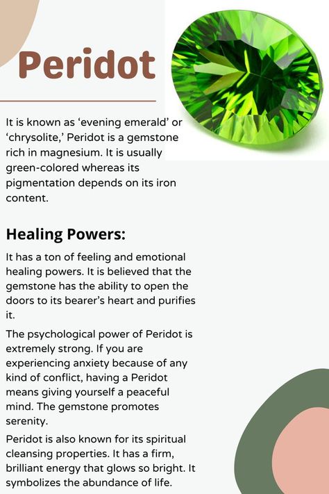 Peridot Meaning Crystals, Peridot Meaning, Birth Month Symbols, Birthstones Meanings, Crystals Meaning, Best Healing Crystals, Crystal Healing Chart, Chakra Colors, Peridot Crystal